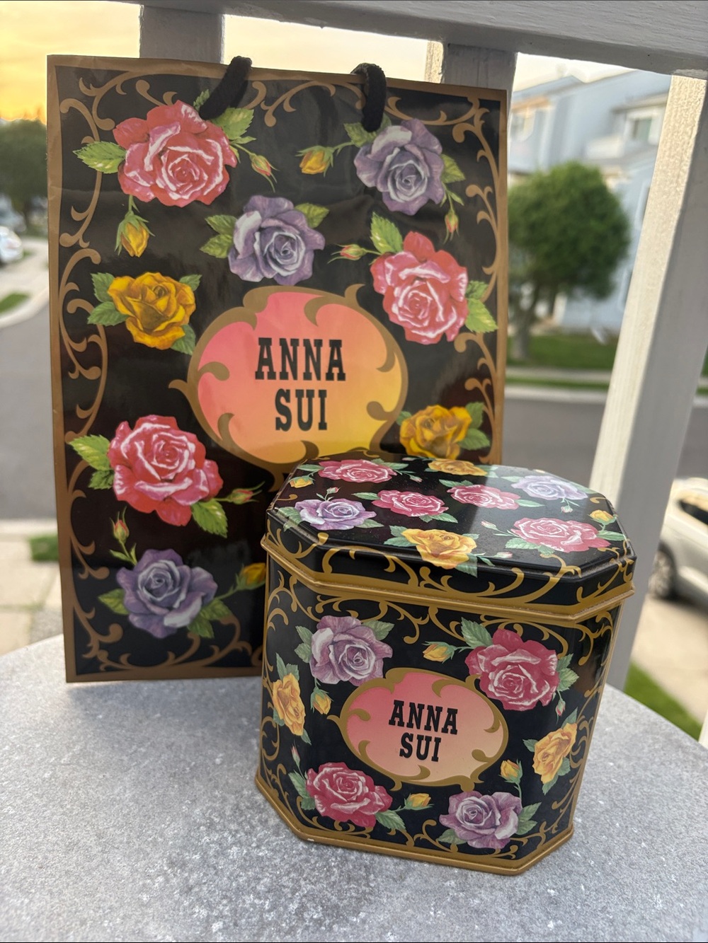 Anna Sui Floral Black Tin (Empty) plus Gift Bag